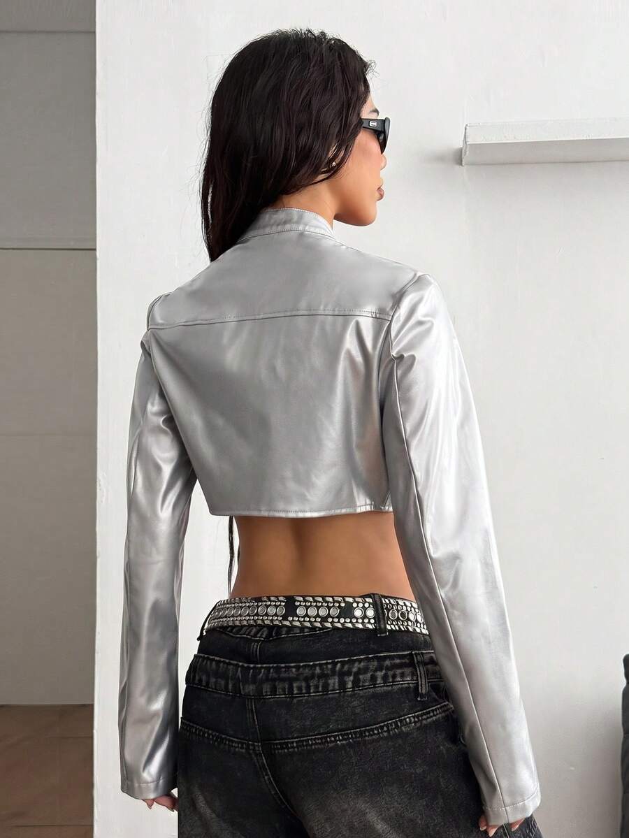 Women's metallic grey cropped faux leather jacket featuring a stand collar and asymmetrical zip front closure.