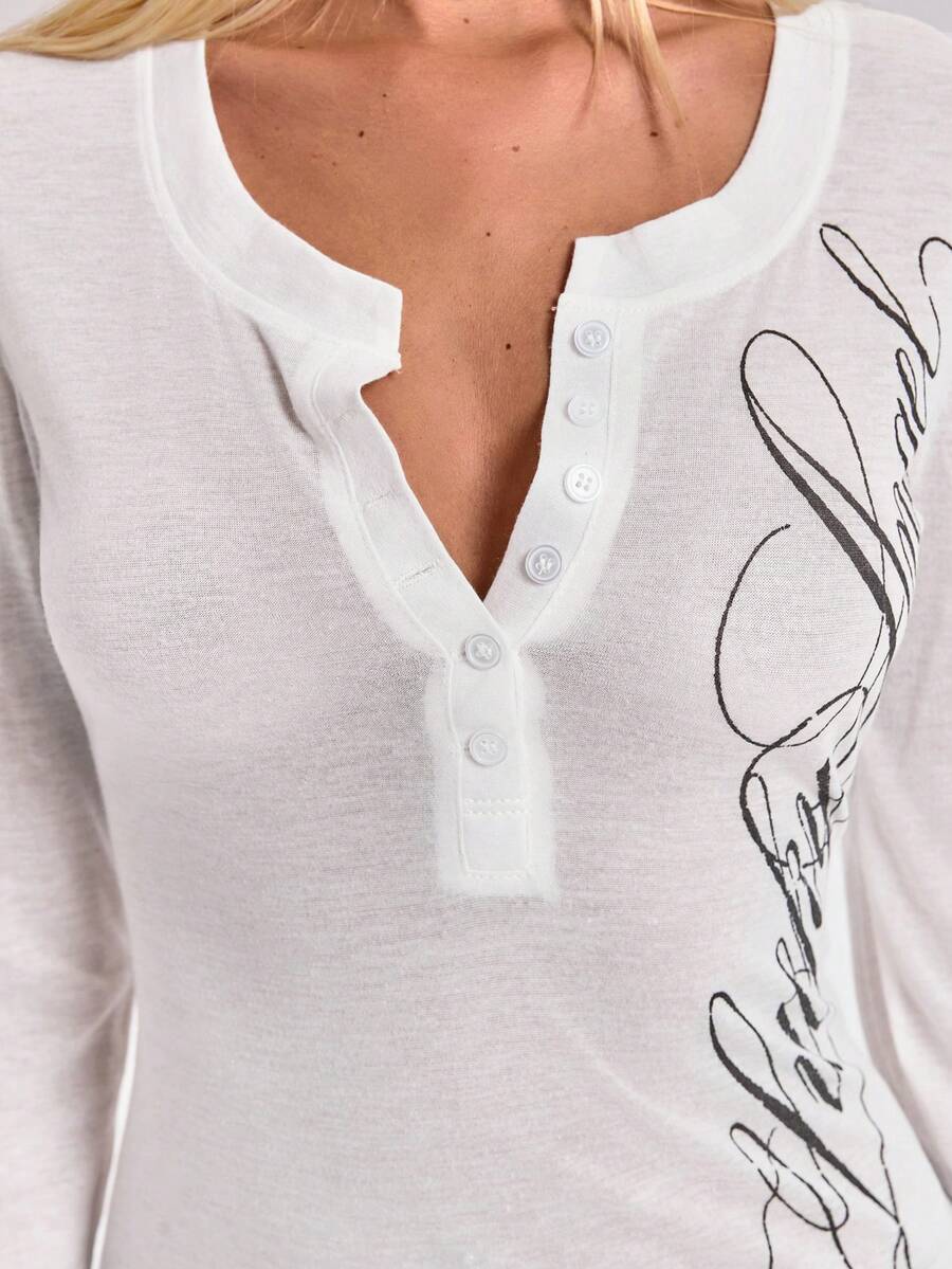 Women's slim fit long sleeve rib-knit henley shirt with scoop neckline and front buttons