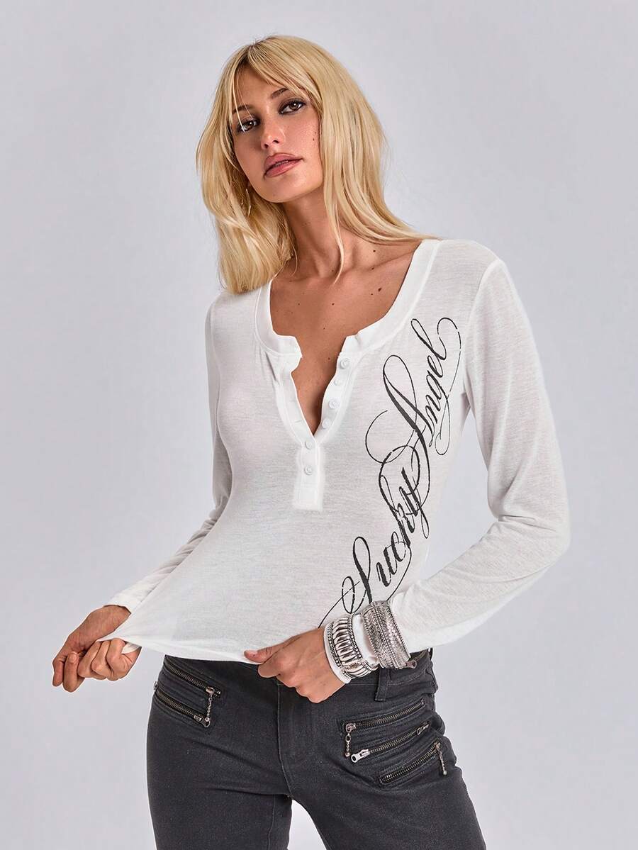 Women's slim fit long sleeve rib-knit henley shirt with scoop neckline and front buttons