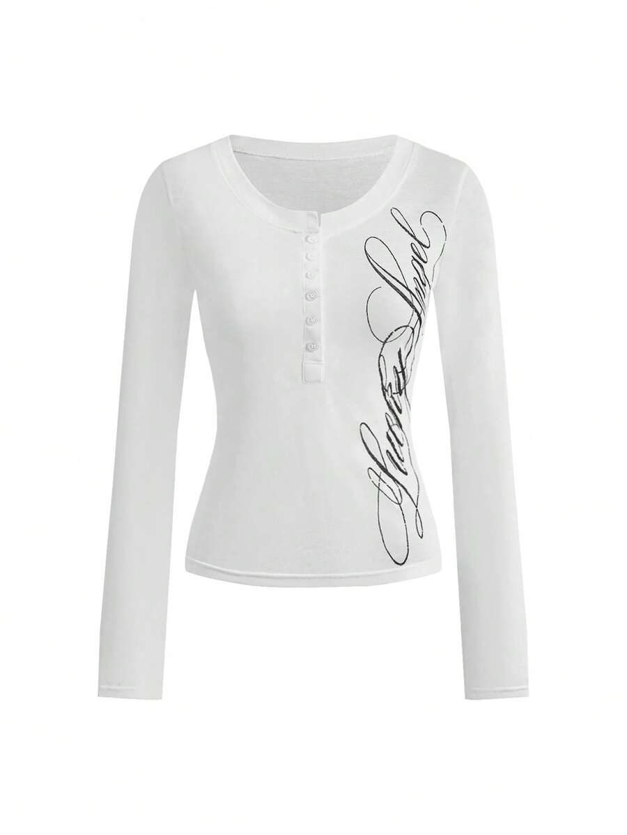 Women's slim fit long sleeve rib-knit henley shirt with scoop neckline and front buttons