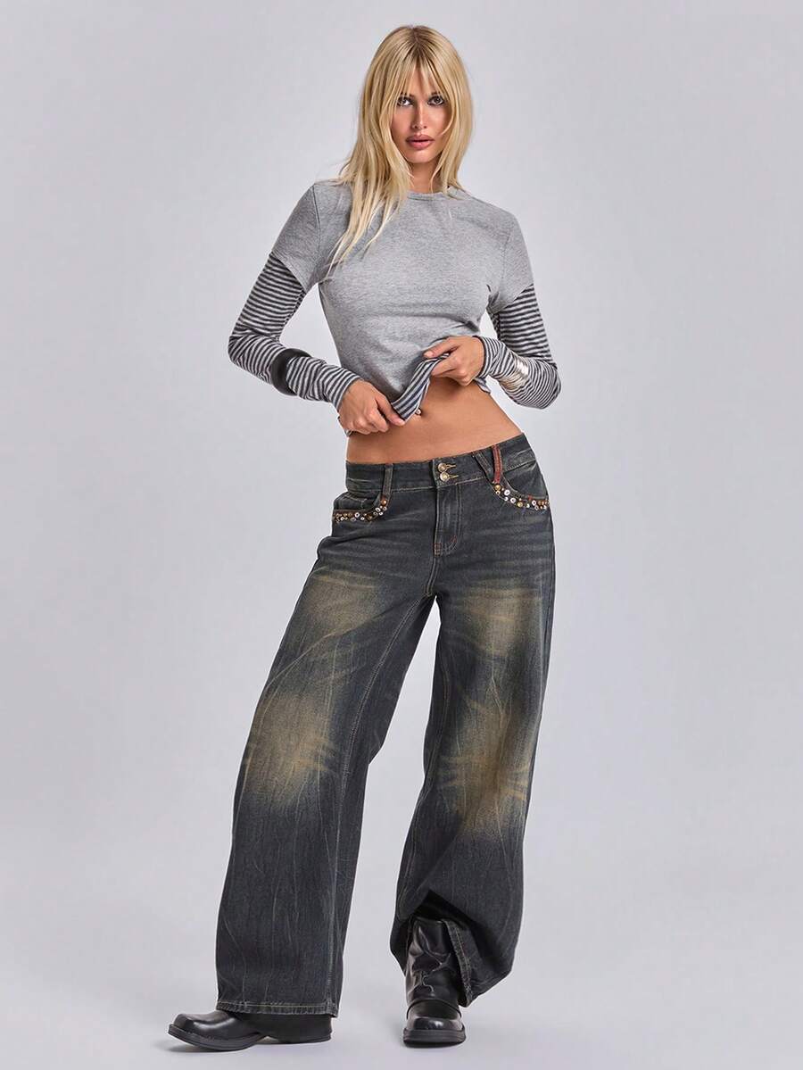 Women's slim fit long sleeve t-shirt featuring a casual round neck and 2-in-1 patchwork striped design.