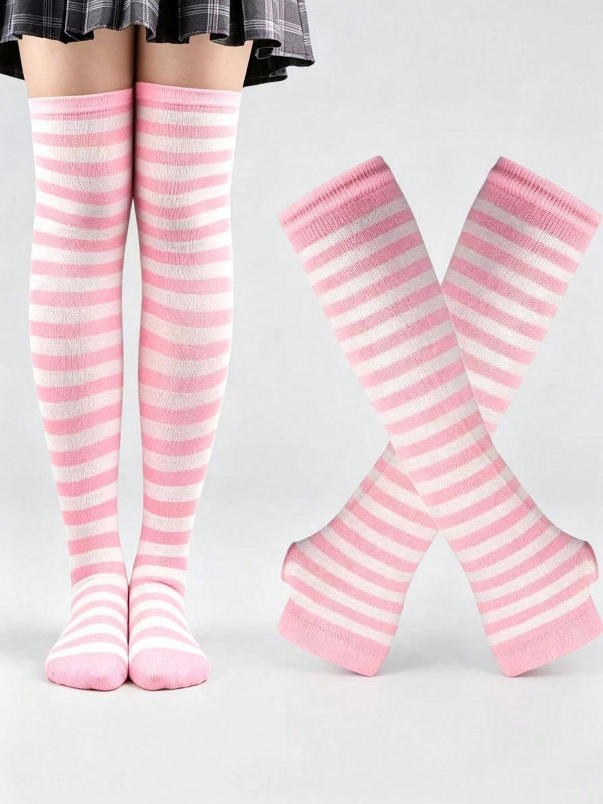 Women's striped rib-knit over-the-knee socks and matching arm guards set