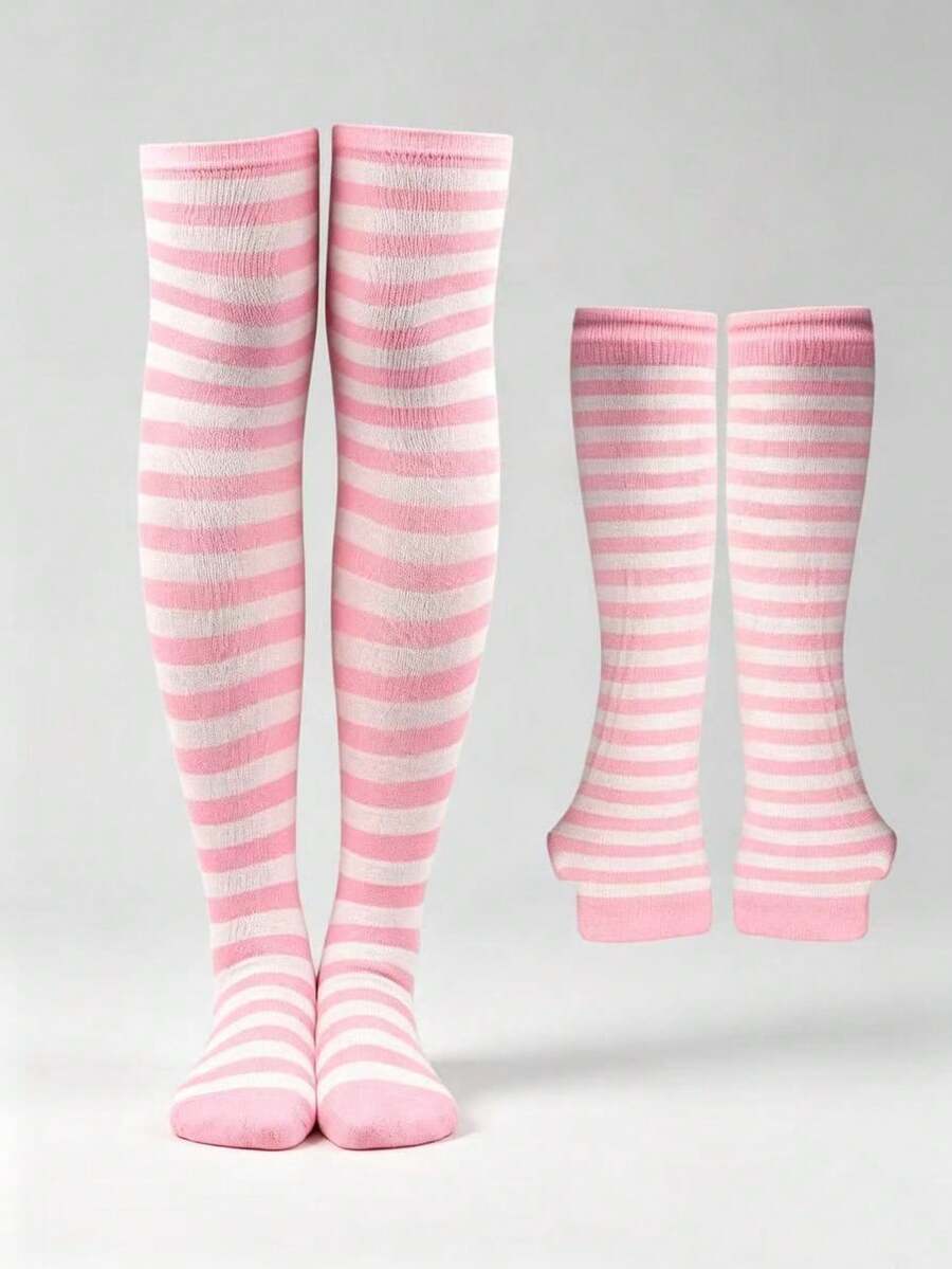 Women's striped rib-knit over-the-knee socks and matching arm guards set