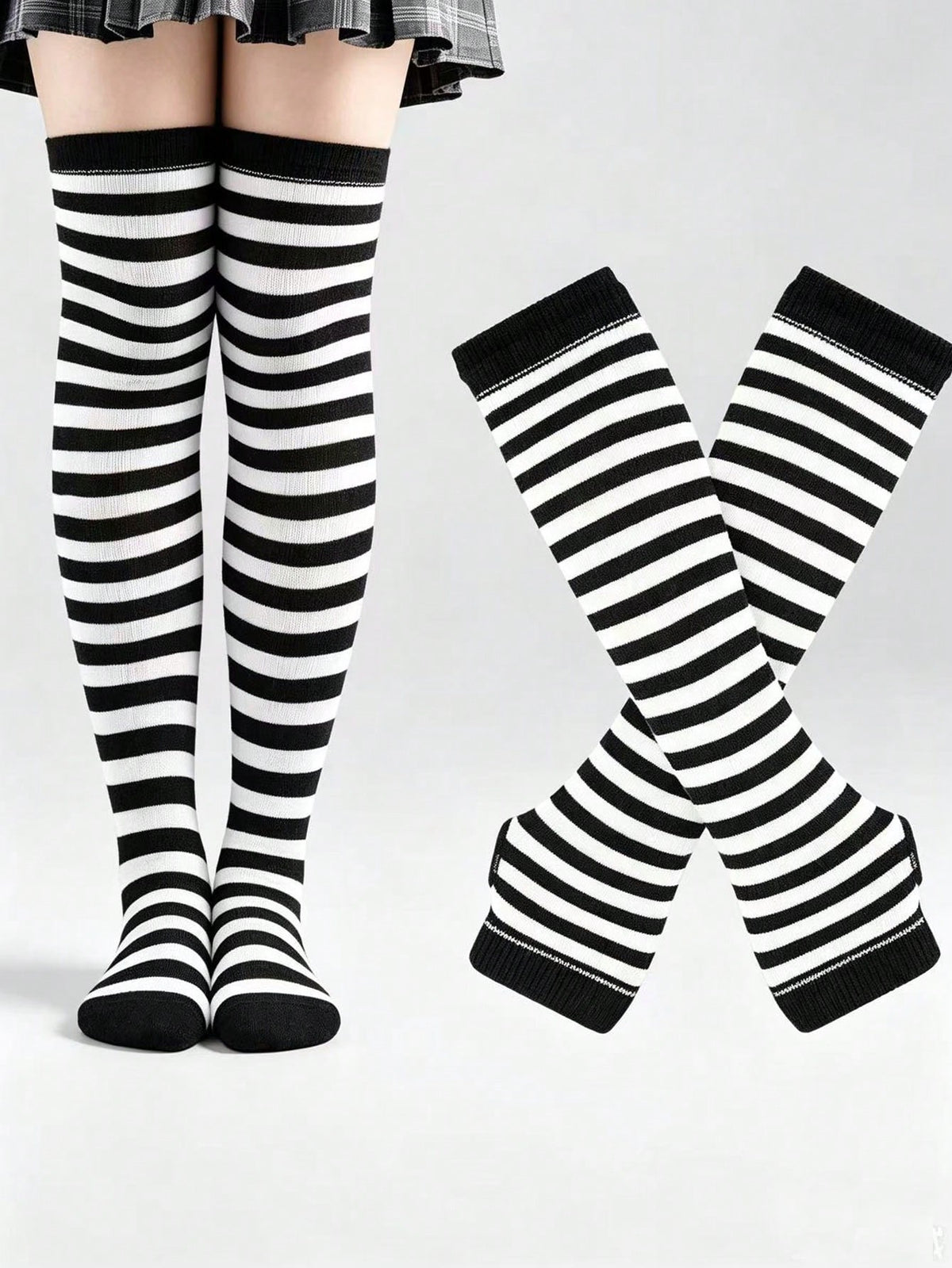 Women's striped rib-knit over-the-knee socks and matching arm guards set
