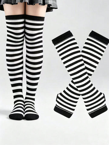 Women's striped rib-knit over-the-knee socks and matching arm guards set