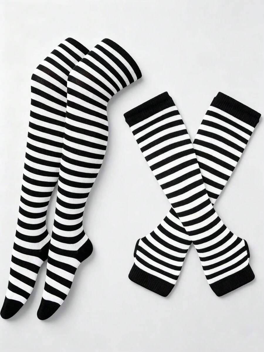 Women's striped rib-knit over-the-knee socks and matching arm guards set