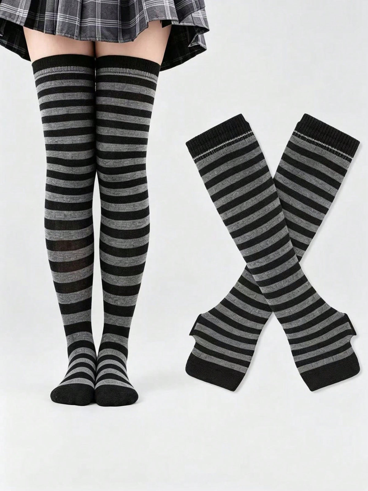 Women's striped rib-knit over-the-knee socks and matching arm guards set