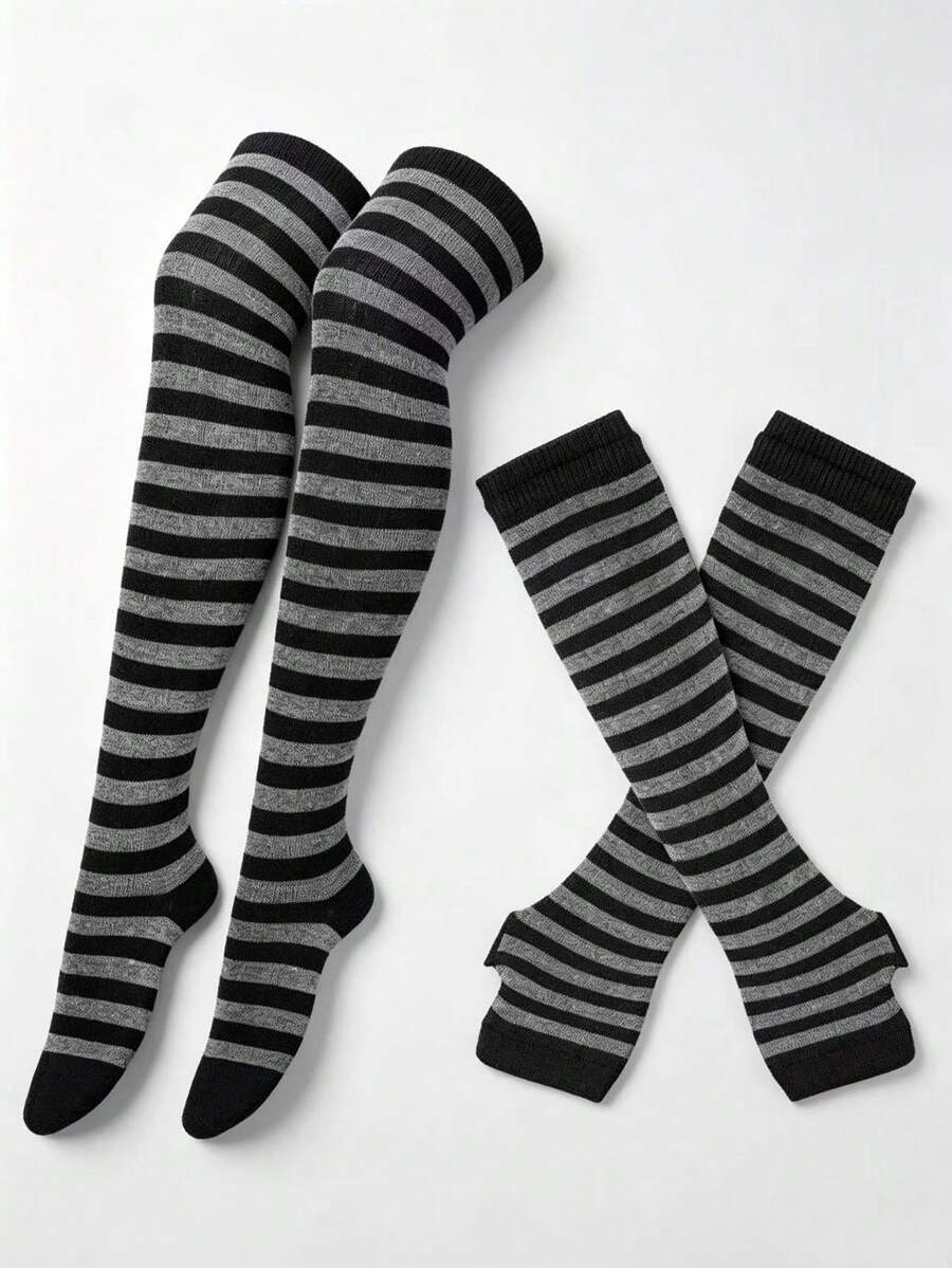 Women's striped rib-knit over-the-knee socks and matching arm guards set