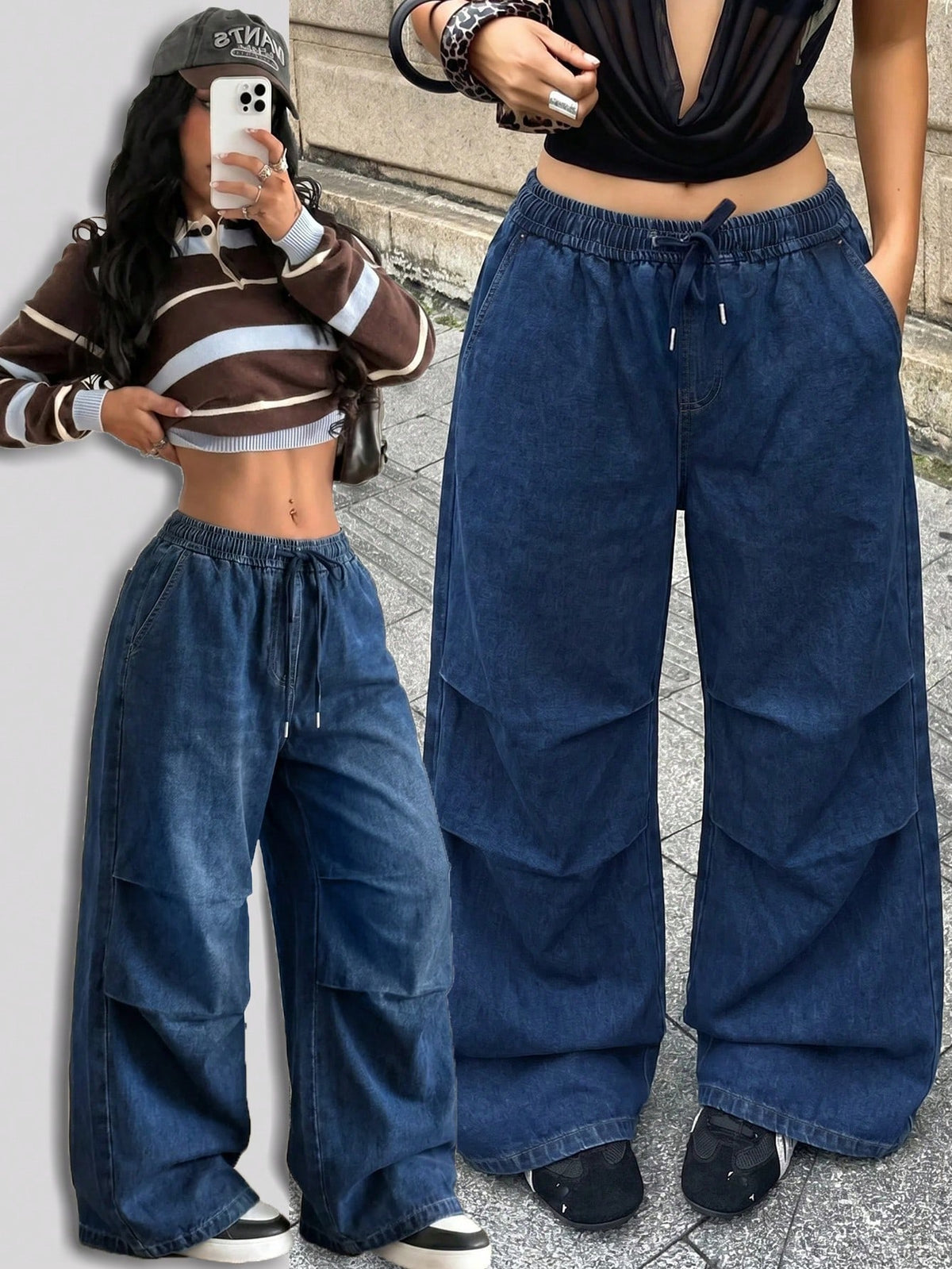 Front view of women's loose wide leg denim jeans featuring a mid waist, classic front pockets, and a zipper fly closure.