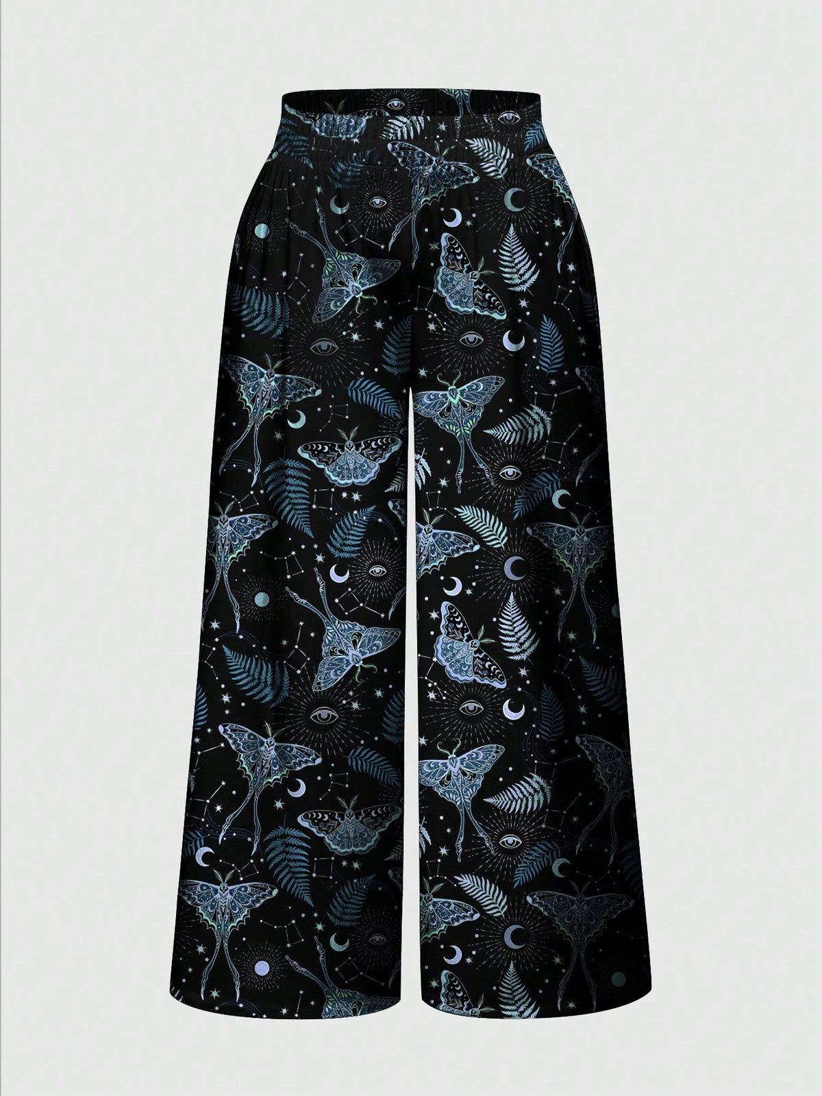 Women's plus size black gothic wide leg pants with split thigh detail and celestial moth, sun, and star pattern.