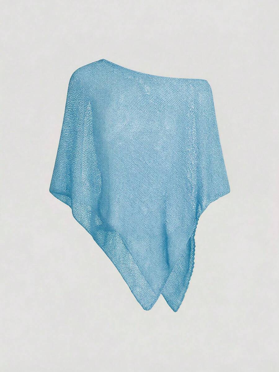 Women's casual hollow knit poncho top with boat neck, cloak sleeves, and asymmetrical hem