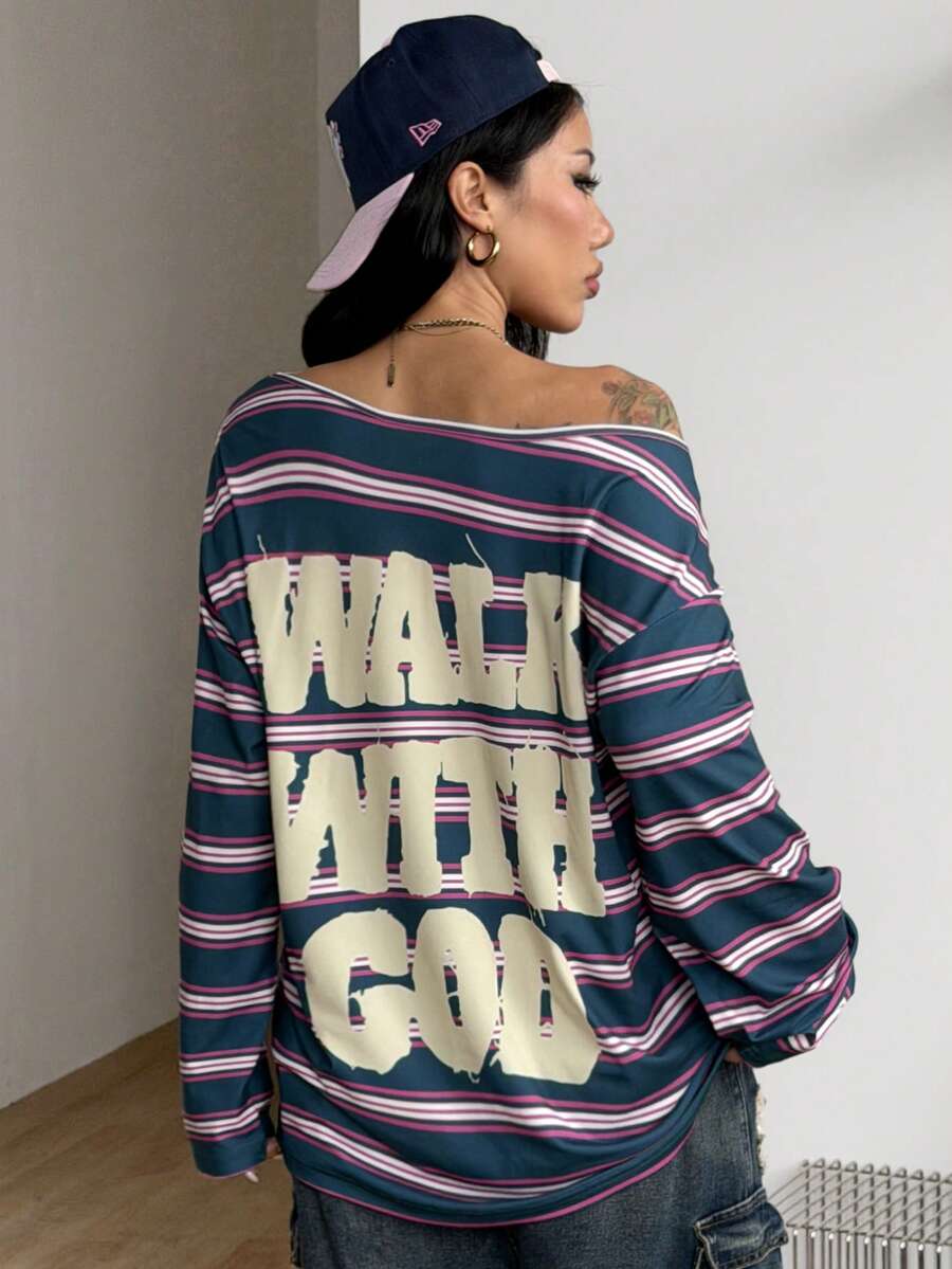 Women's brown striped boat neck long sleeve raglan T-shirt with a loose casual fit