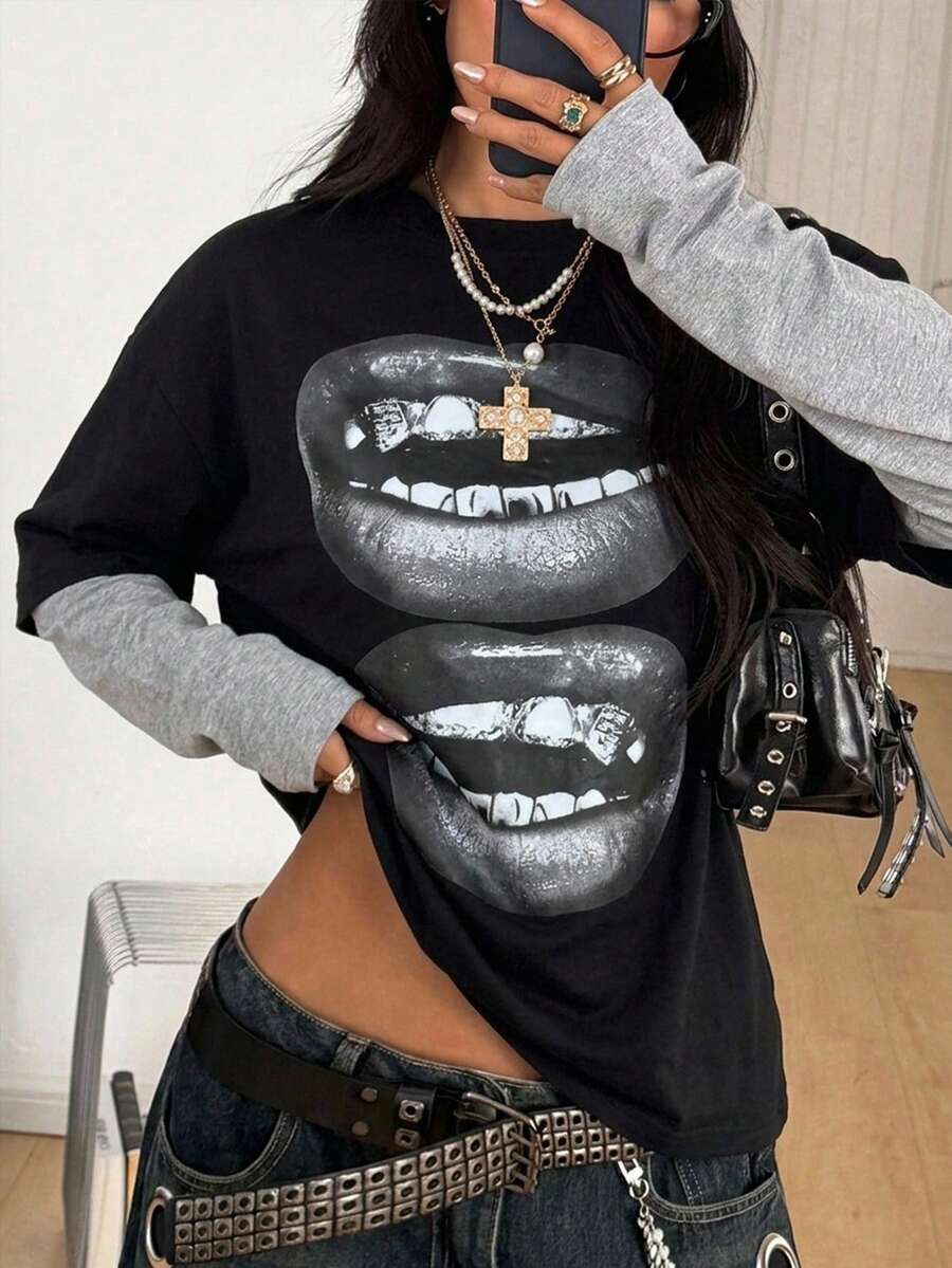 Women's casual graphic long sleeve t-shirt with a round neck, drop shoulder sleeves, and loose relaxed fit.