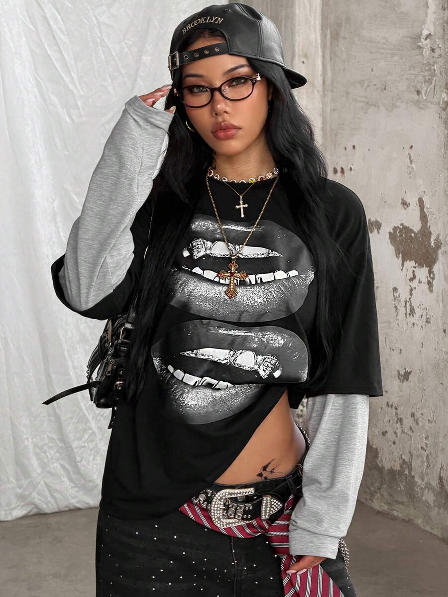 Women's casual graphic long sleeve t-shirt with a round neck, drop shoulder sleeves, and loose relaxed fit.