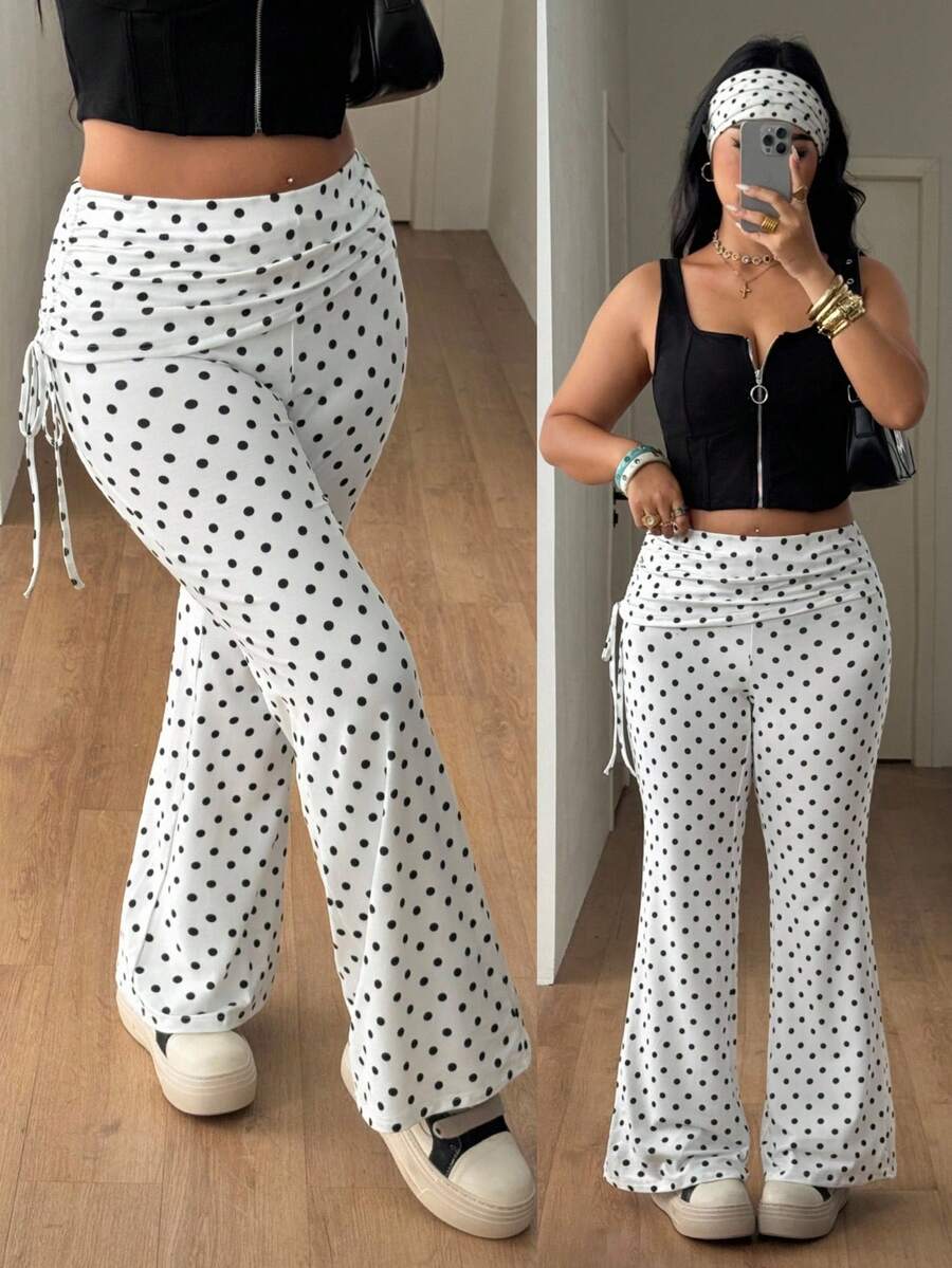Women's striped flare leg pants featuring a mid-rise waist, slim fit thigh, and ruched side drawstring detail in stretch knit fabric.