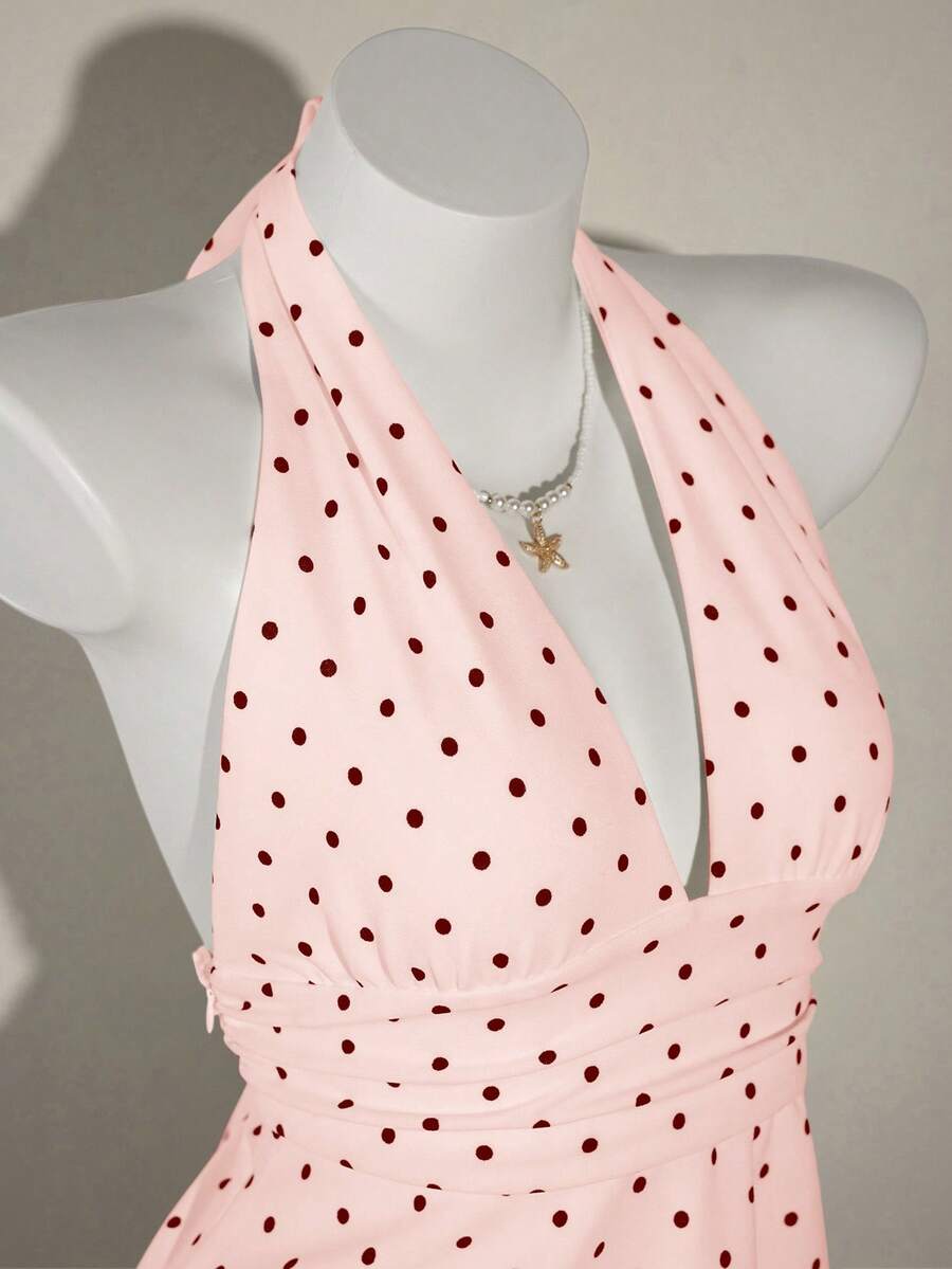 White women's deep V-neck halter tank top with ruched waist, backless design, rib-knit texture, and ruffle hem