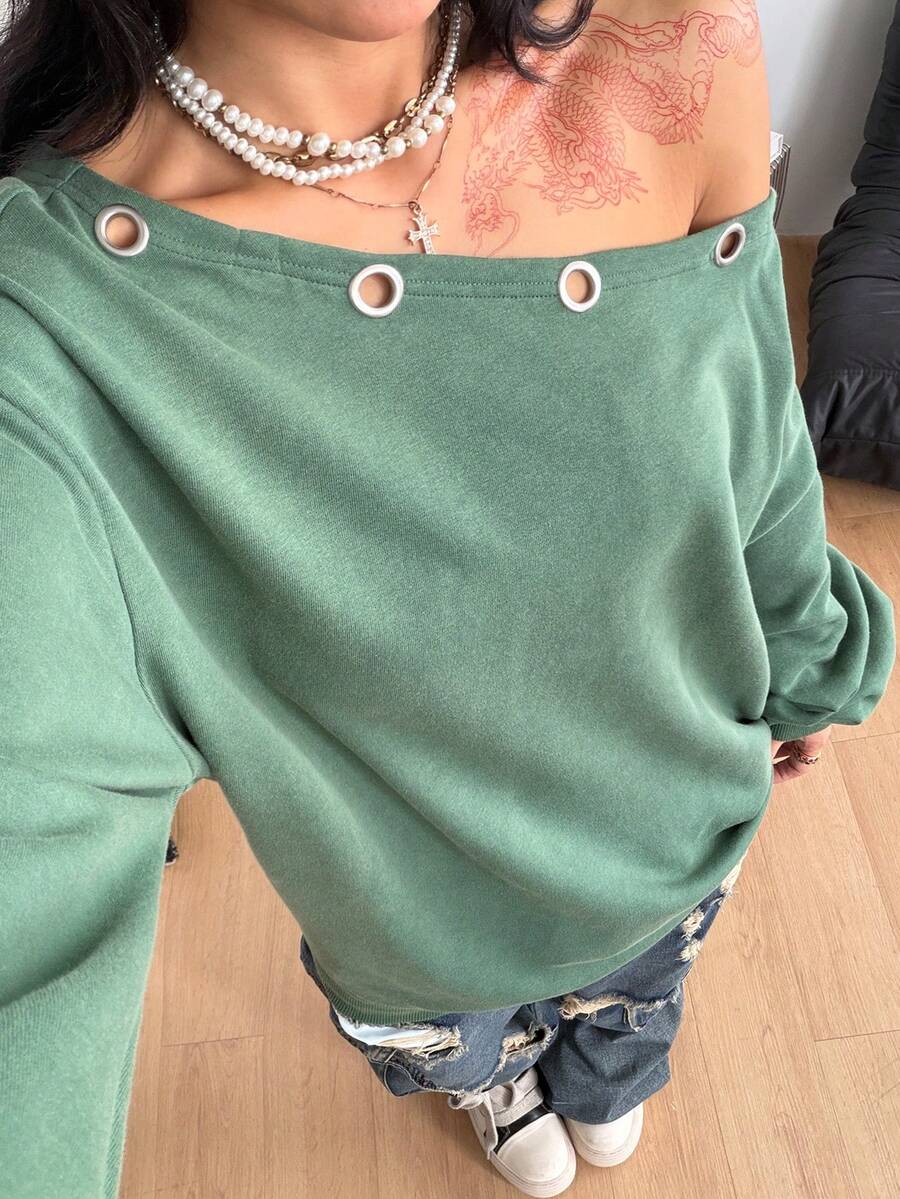Women's sage green asymmetrical shoulder sweatshirt with button eyelet detail, drop shoulder long sleeves, and a loose casual fit.