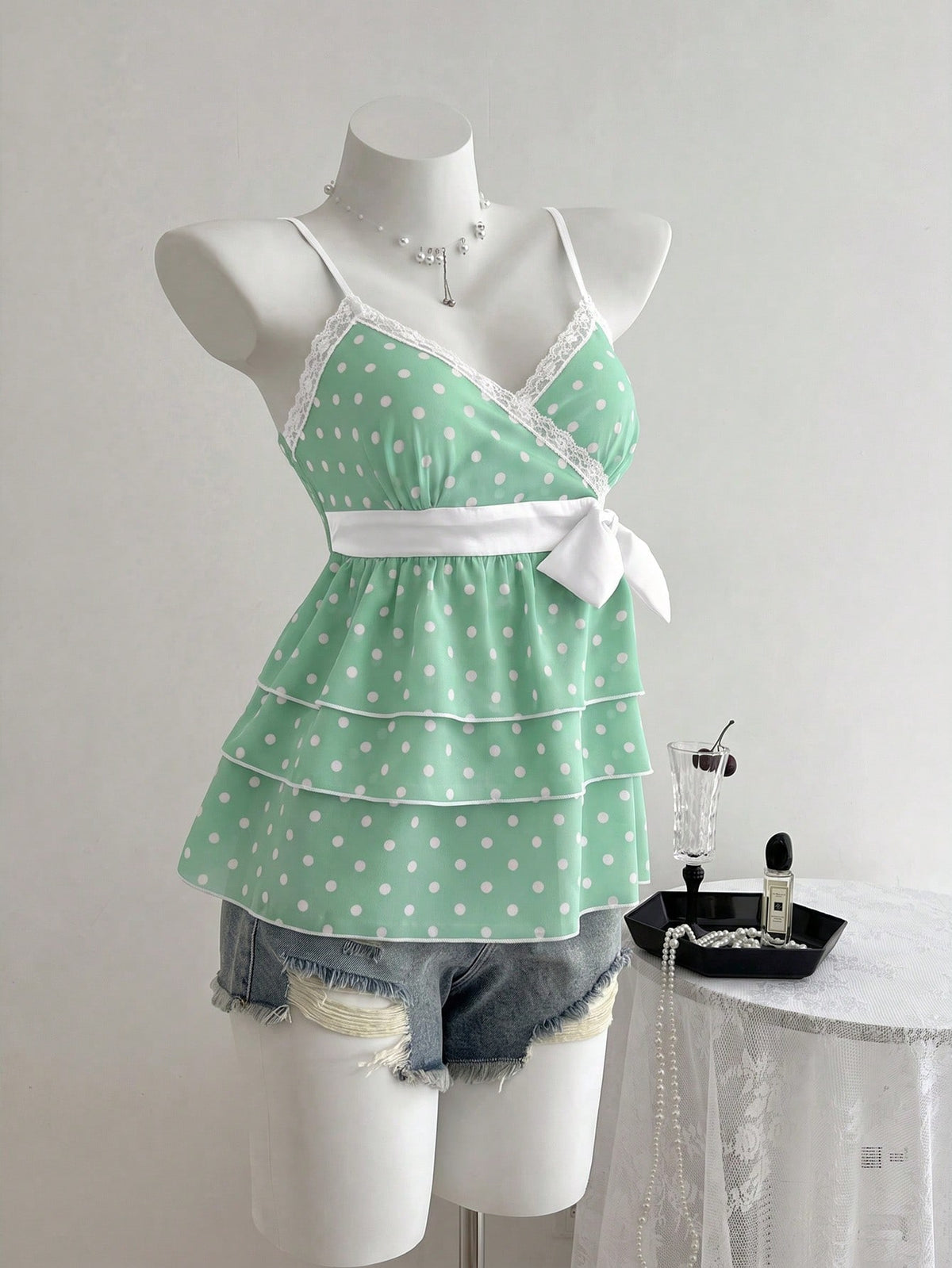 Polka Dot Lace Trim Ruffle Hem Camisole Top