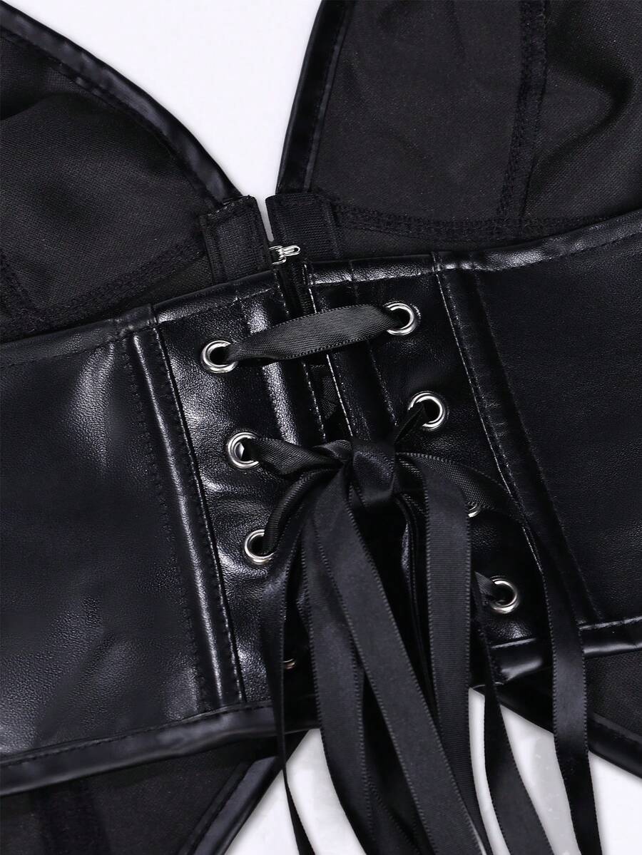 Retro PU halter tank top featuring a deep V-neck, grommet eyelet halter strap, tie back, boned details, and an asymmetrical hem.