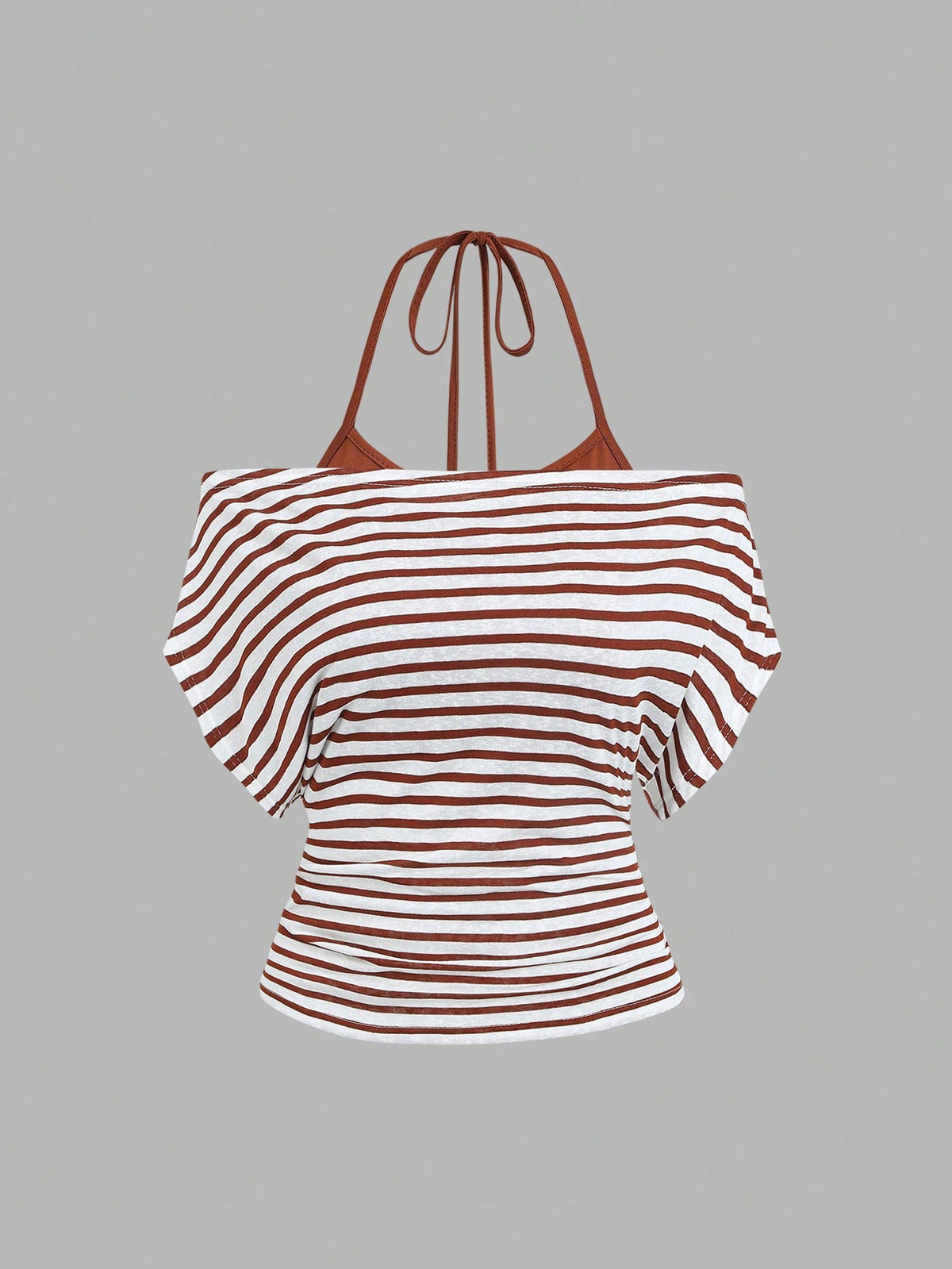 Women's striped tank top featuring an asymmetrical cold shoulder neckline and semi-sheer back.