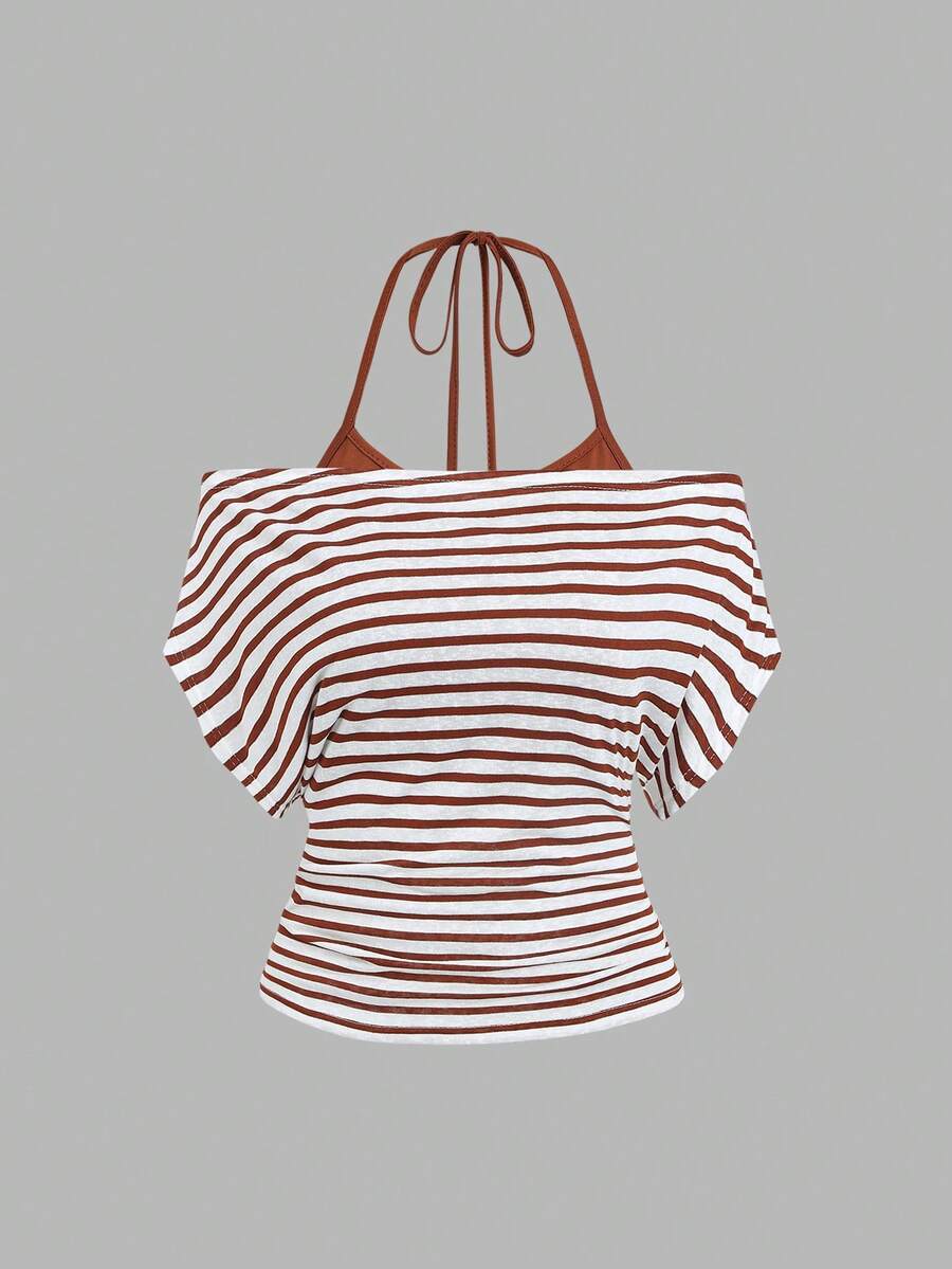 Women's striped tank top featuring an asymmetrical cold shoulder neckline and semi-sheer back.