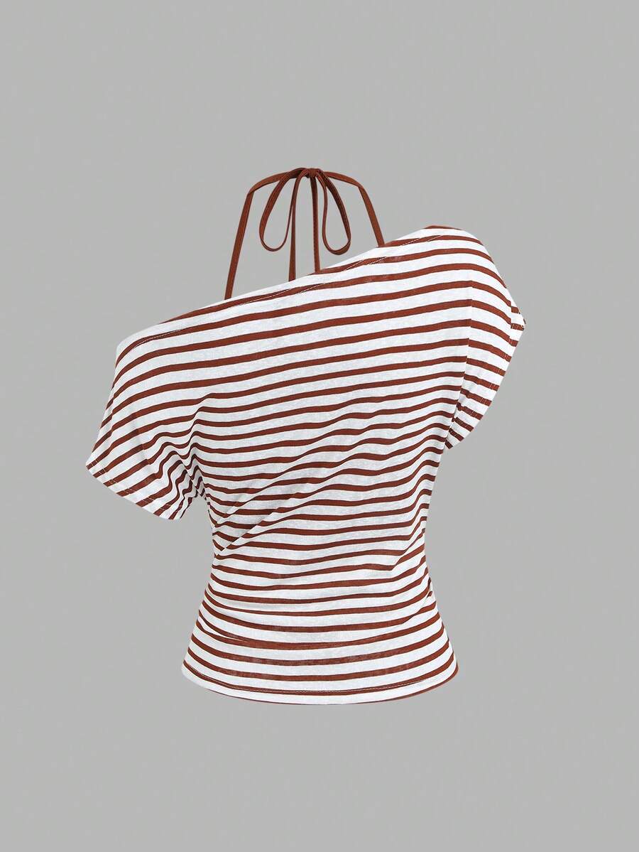 Women's striped tank top featuring an asymmetrical cold shoulder neckline and semi-sheer back.