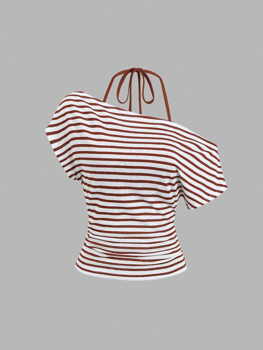 Women's striped tank top featuring an asymmetrical cold shoulder neckline and semi-sheer back.