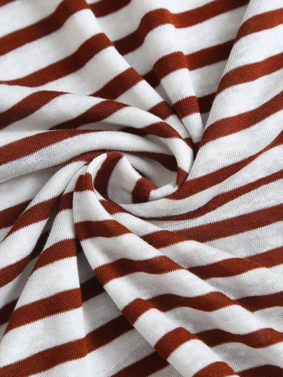 Women's striped tank top featuring an asymmetrical cold shoulder neckline and semi-sheer back.