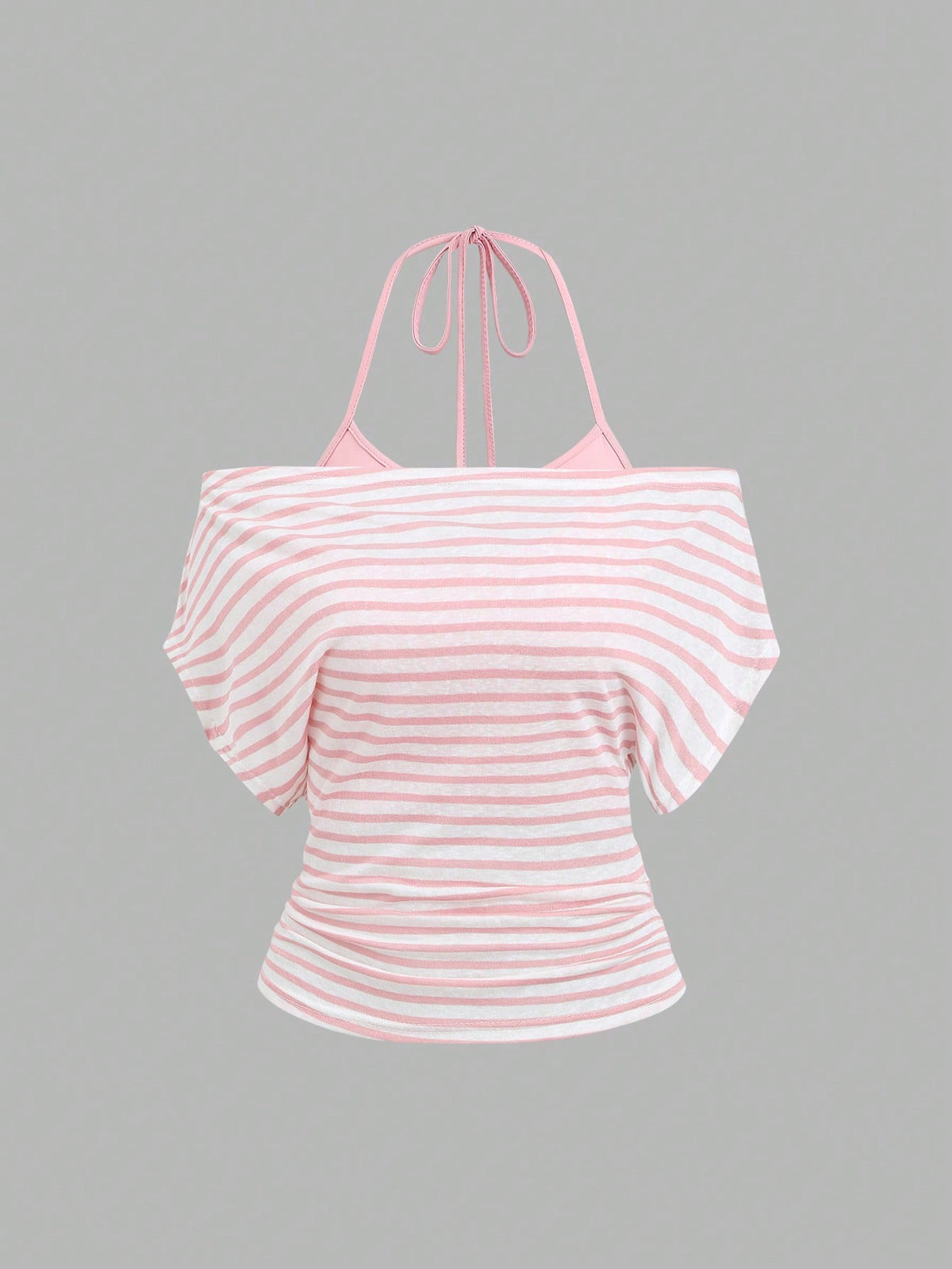 Women's striped tank top featuring an asymmetrical cold shoulder neckline and semi-sheer back.