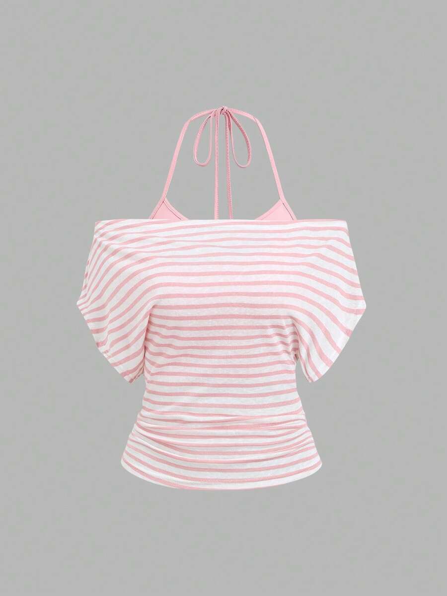 Women's striped tank top featuring an asymmetrical cold shoulder neckline and semi-sheer back.