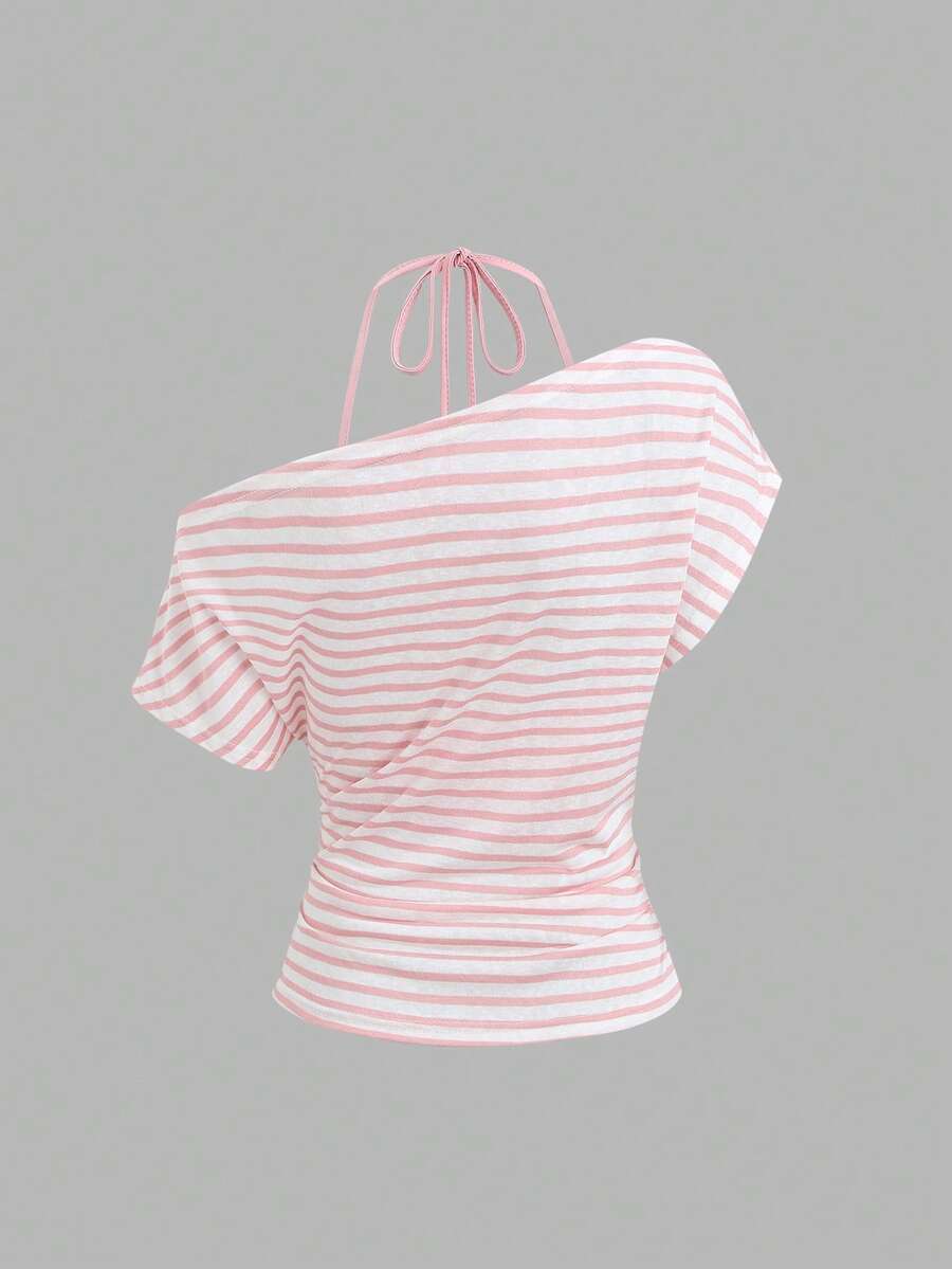 Women's striped tank top featuring an asymmetrical cold shoulder neckline and semi-sheer back.