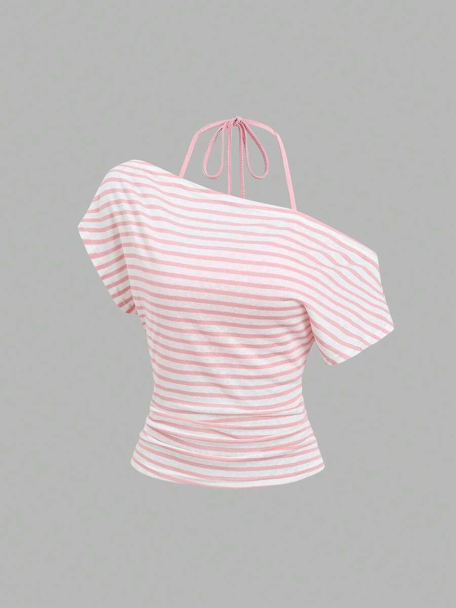 Women's striped tank top featuring an asymmetrical cold shoulder neckline and semi-sheer back.