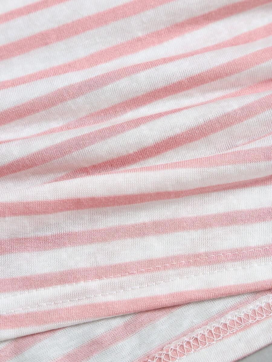 Women's striped tank top featuring an asymmetrical cold shoulder neckline and semi-sheer back.
