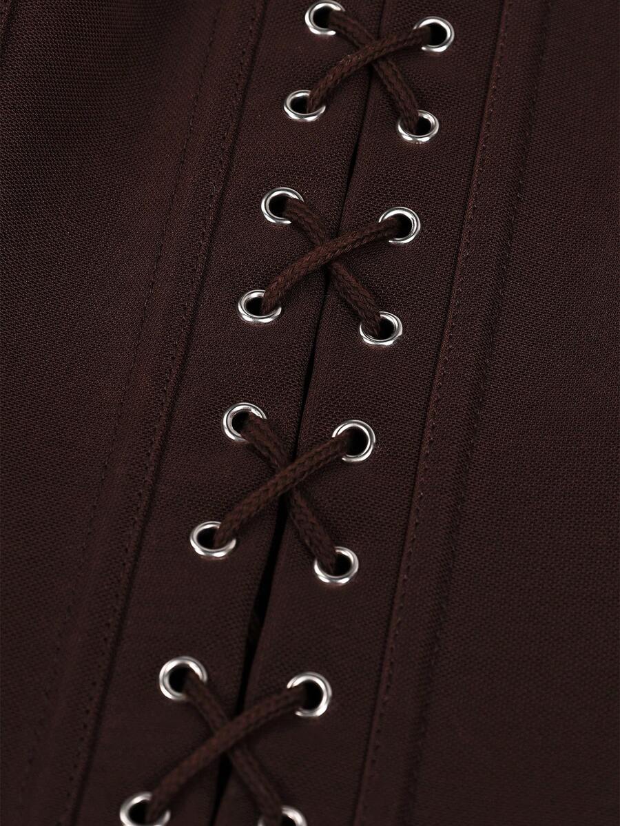 Front view of a brown punk style boned halter crop top featuring a waist strap with a metal ring, backless tie back, and sleeveless slim fit.