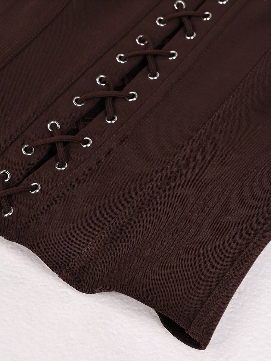 Front view of a brown punk style boned halter crop top featuring a waist strap with a metal ring, backless tie back, and sleeveless slim fit.
