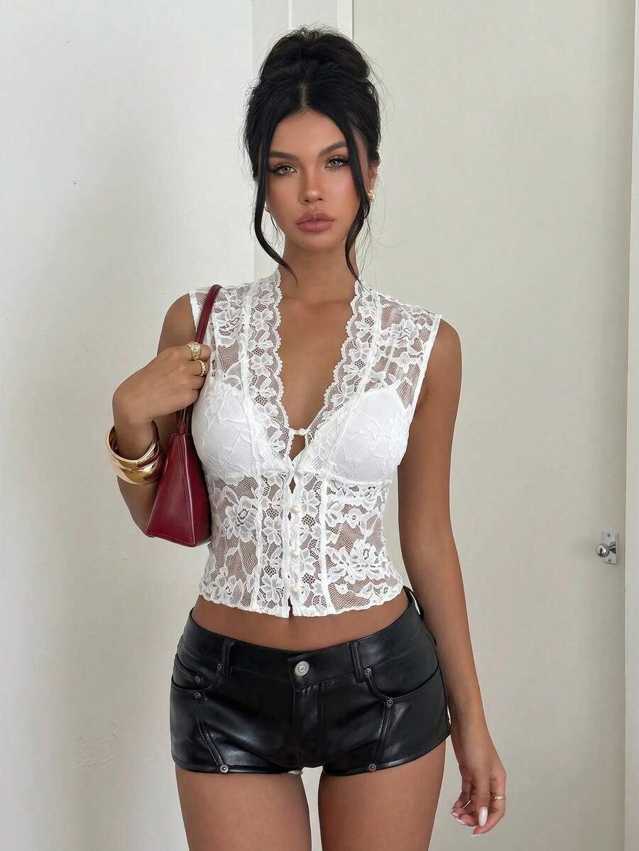 Women's lace print Y2K camisole tank top with slim fit, cardigan collar neckline, boned details, and asymmetrical hem.