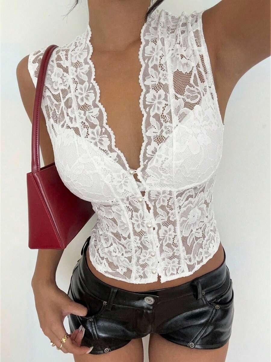 Women's lace print Y2K camisole tank top with slim fit, cardigan collar neckline, boned details, and asymmetrical hem.