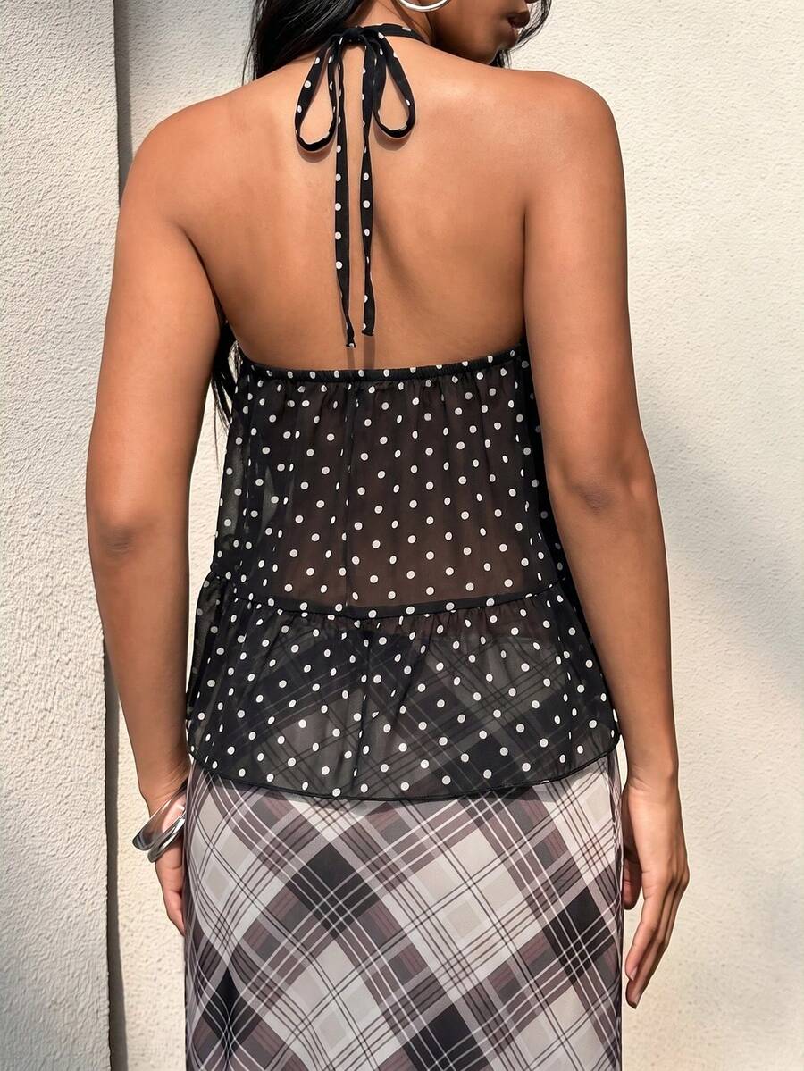 FavEase women's black chiffon halter crop tank top with contrast mesh detail, asymmetrical hem, regular fit, and semi-sheer finish