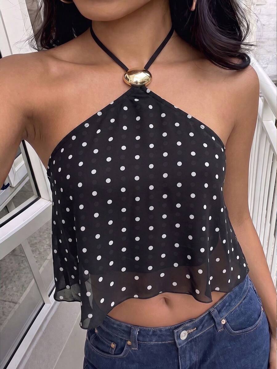 FavEase women's black chiffon halter crop tank top with contrast mesh detail, asymmetrical hem, regular fit, and semi-sheer finish