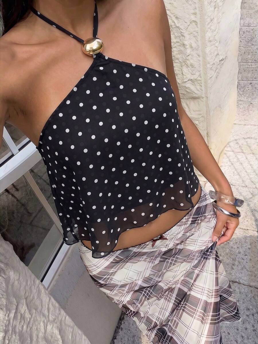 FavEase women's black chiffon halter crop tank top with contrast mesh detail, asymmetrical hem, regular fit, and semi-sheer finish