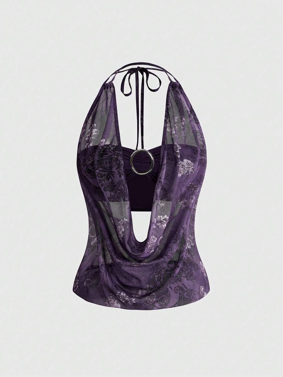 Women's Y2K retro crop tank top with draped halter neckline, cut-out detail, slim fit, and backless design
