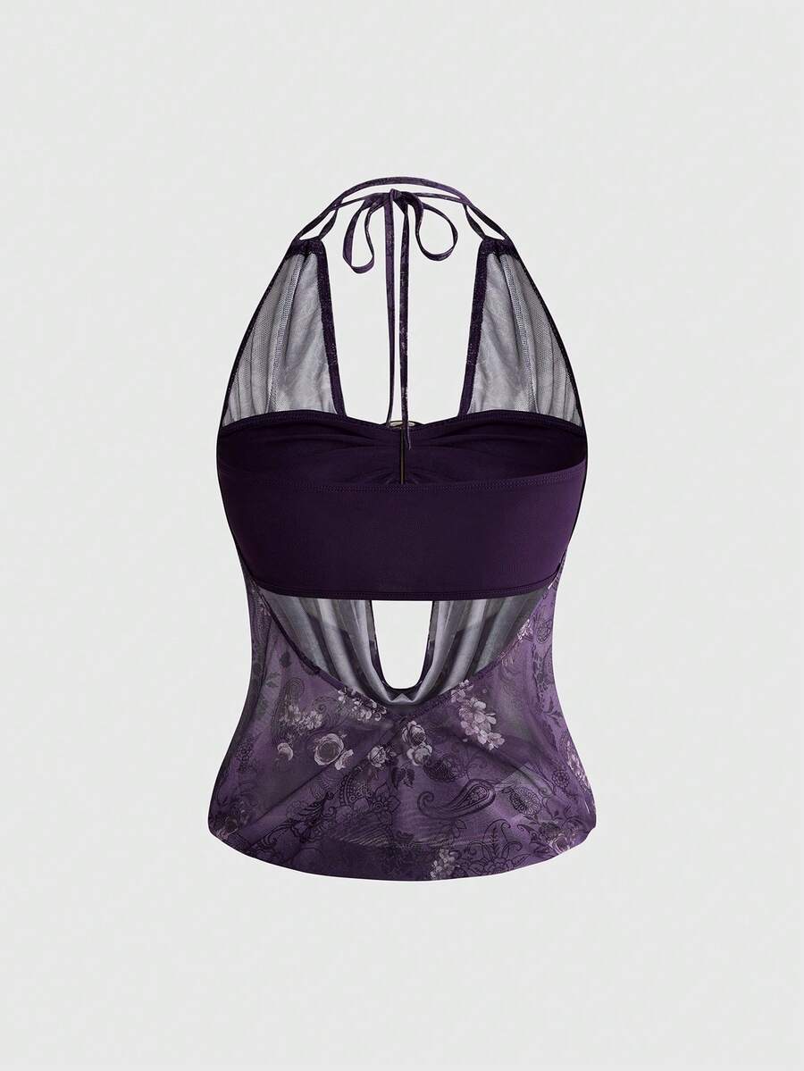 Women's Y2K retro crop tank top with draped halter neckline, cut-out detail, slim fit, and backless design