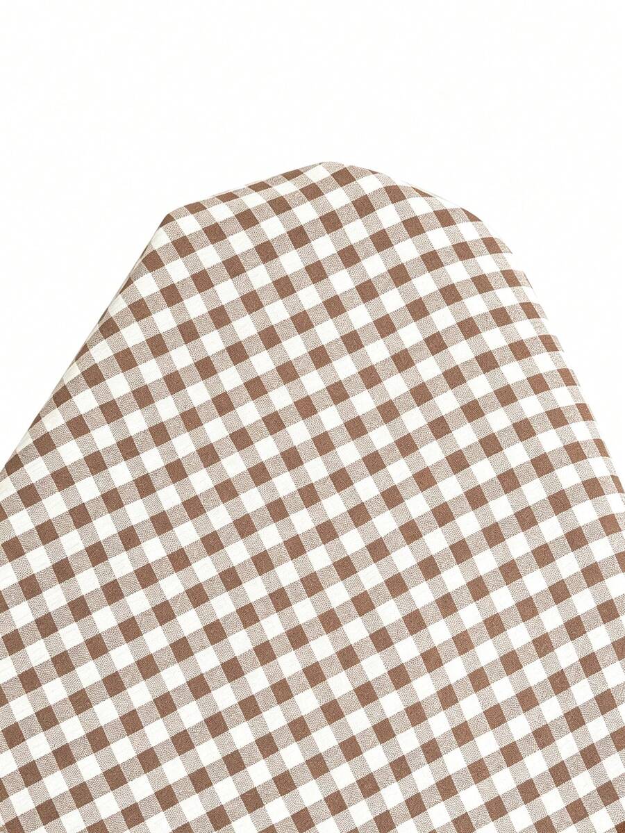 Brown gingham off-the-shoulder crop top for women featuring a slim fit, ruched design, cap sleeves, and knot detail.
