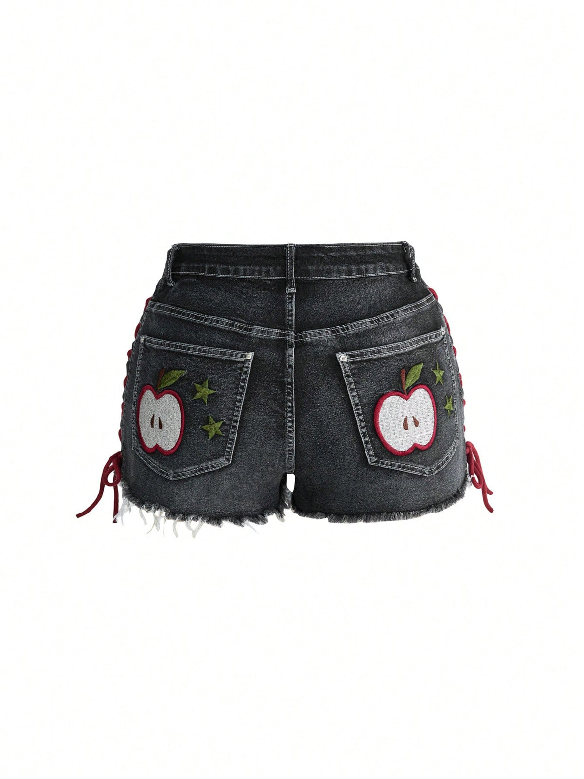 Plus size black gothic mini shorts with heart embroidery, graphic pocket pattern, lace-up detail, raw hem, and zipper fly