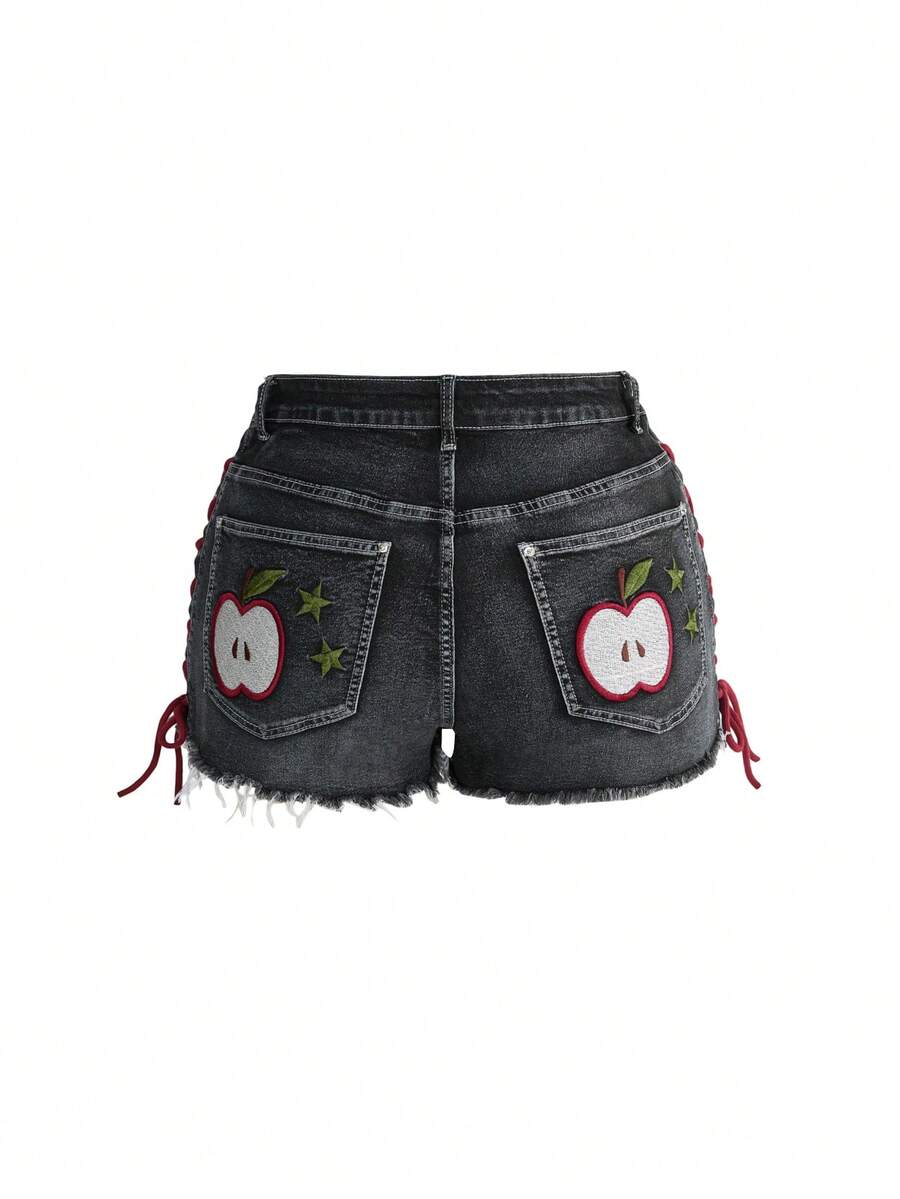 Plus size black gothic mini shorts with heart embroidery, graphic pocket pattern, lace-up detail, raw hem, and zipper fly