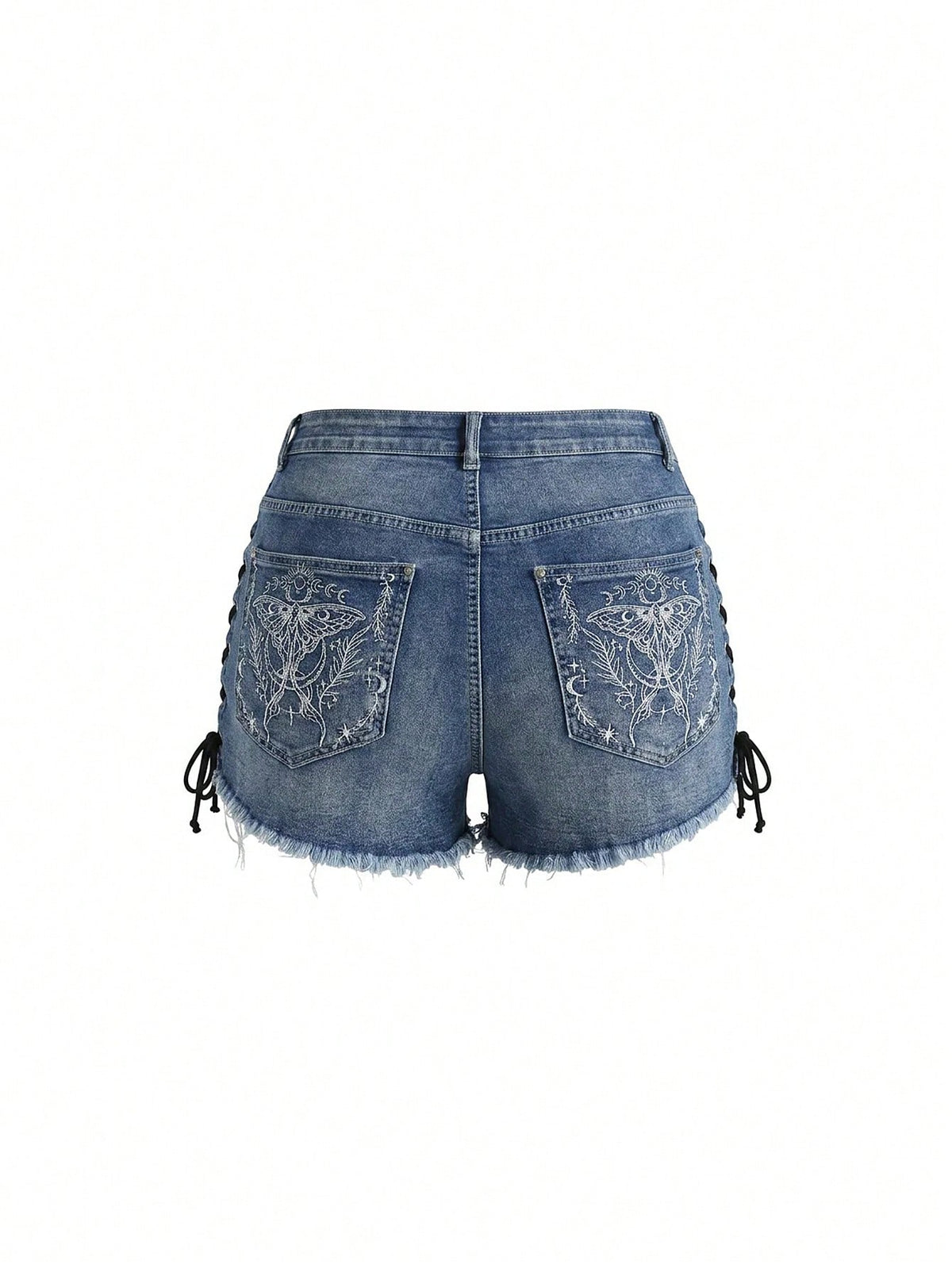 Plus size black gothic mini shorts with heart embroidery, graphic pocket pattern, lace-up detail, raw hem, and zipper fly