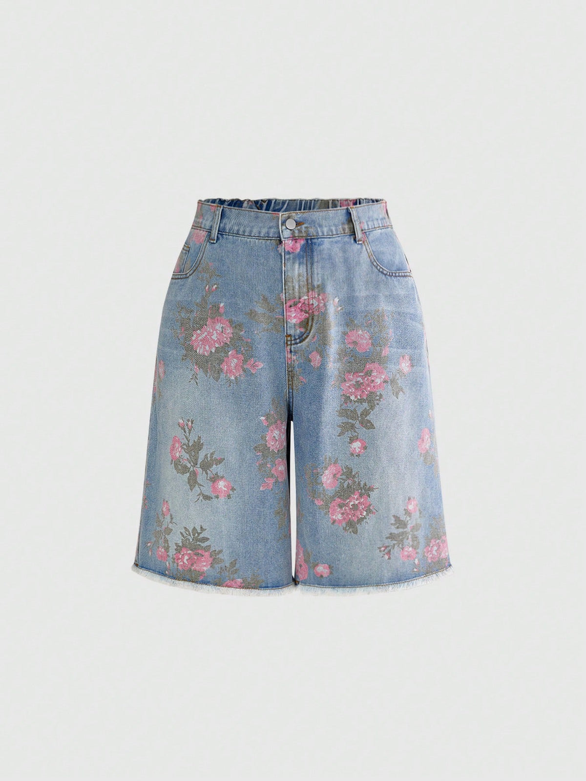 Women's loose wide-leg denim Bermuda shorts featuring vintage animal and paisley print with pockets and zipper fly.