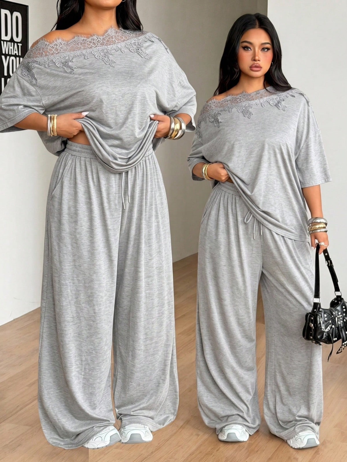 Women's casual two-piece outfit featuring a loose short-sleeve asymmetrical neck t-shirt and matching long wide leg pants with pockets.