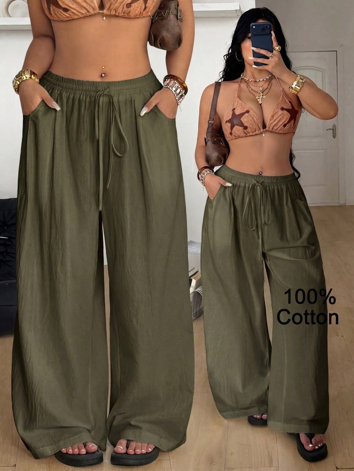Women's loose straight leg cotton pants featuring a high waist with an adjustable drawstring knot and functional side pockets.
