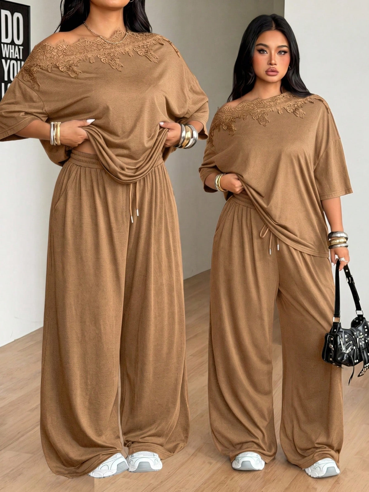 Women's casual two-piece outfit featuring a loose short-sleeve asymmetrical neck t-shirt and matching long wide leg pants with pockets.